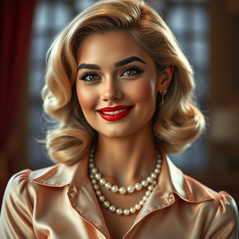 A beautiful Nepali woman reminiscent of 1950s Hollywood glamour, with perfectly styled blonde hair and a seductive smile, dressed in a satin blouse and adorned with pearls, soft and warm tones, photorealistic, 8K
