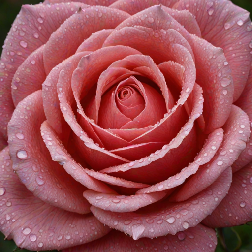 Create an image of a single rose with dew drops on its petals. The rose should be in full bloom and the background should be blurred with a hint of greenery. The rose should be captured from a side angle, showcasing its vibrant color and intricate petal structure.