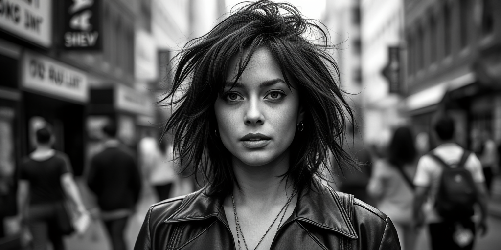 Regenerate a high-contrast black and white image of a confident woman with tousled hair in a busy urban street setting, using a Canon EOS R5 camera, 50mm lens, aperture f/1.8, shutter speed 1/200s, ISO 100, with a shallow depth of field to create a blurred background.