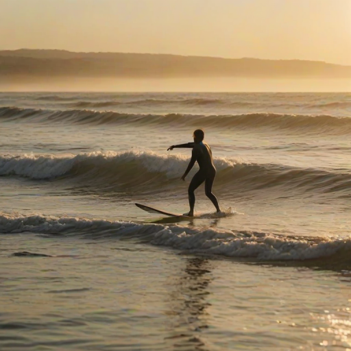 Blurry action shot of a surfer riding a wave at sunrise, water splashing up around them, the golden light of the early morning reflecting off the ocean, distant seagulls flying overhead, focus on the intense concentration on the surferes face.