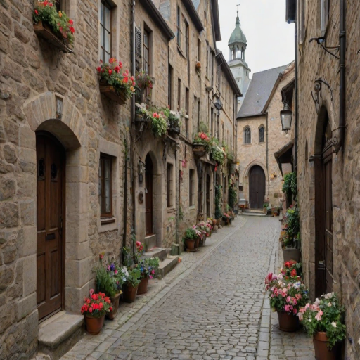 Charming European alleyway, with cobblestones underfoot, flower boxes hanging from windows, and the sound of distant church bells ringing.
