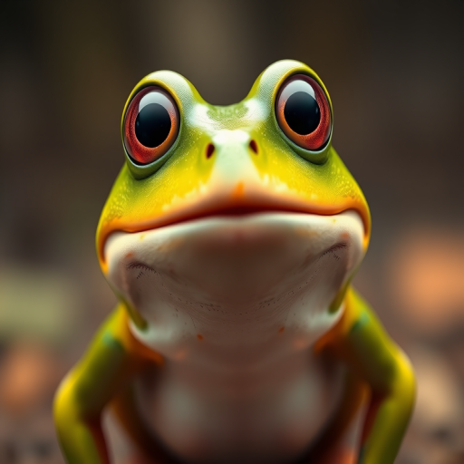 Create a high-resolution image of a cartoon frog with a big smile, using a DSLR camera, f/2.8 aperture, 50mm lens, and a shallow depth of field to enhance detail while softly blurring the background.