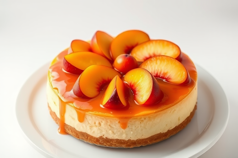 Create an image of a delicious fruit cheesecake with a golden crust topped with slices of peaches and a glossy fruit glaze. The cheesecake should be round and presented on a white plate against a simple background, highlighting its vibrant colors and textures.