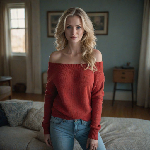realistic photography, beautiful blonde woman, milf, smirk, large breasts, blue eyes, off shoulder red sweater, light blue denim jeans, cinematic lighting, perfect shading, dynamic angle, amazing composition, detailed, 35mm photograph