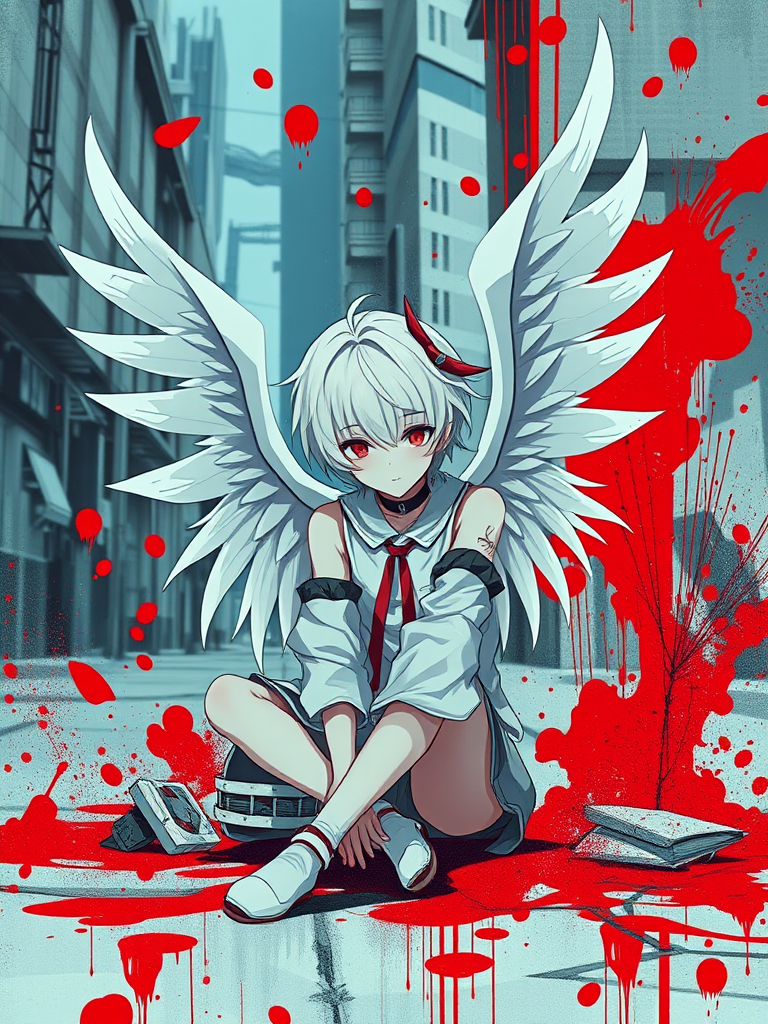 A stylized digital artwork of a character with white hair and wings, sitting amidst an abstract background of urban elements and splashes of red, shot with a full-frame DSLR camera at f/2.8, ISO 100, 50mm lens, using a cinematic view and a vibrant color palette for enhanced depth and saturation.