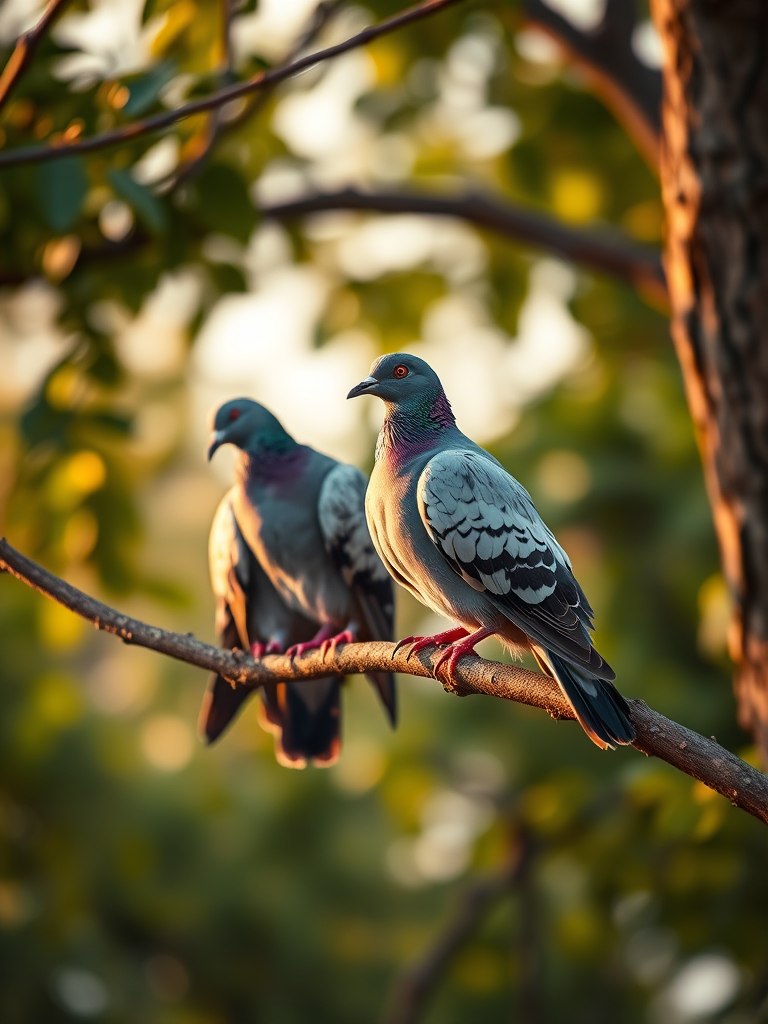 pigeons perched on a tree branch with a soft background blur, natural light, 200mm lens, f/4 aperture, ISO 200, shot in portrait orientation using a DSLR camera at golden hour for enhanced warmth and detail