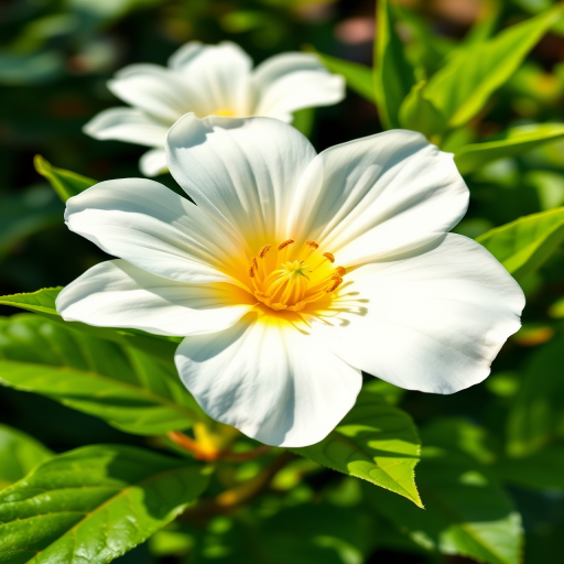 Create a vibrant illustration of a white flower with a yellow center and green leaves, captured with a DSLR camera at f/8 aperture, 50mm lens, ISO 100, natural sunlight, high-quality vector style.
