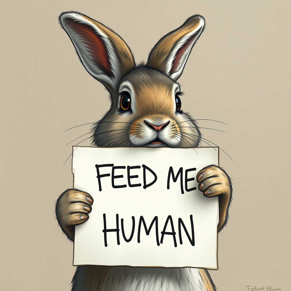 rabbit holding a note which says "FEED ME HUMAN"