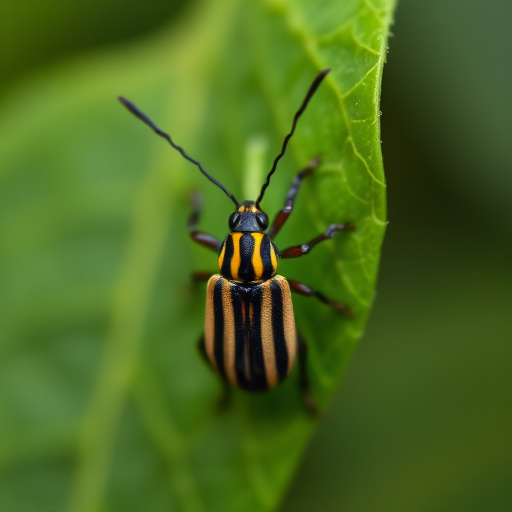 macro shot of a striped beetle on a green leaf with a blurred background, f/2.8, 1/125 sec, ISO 200, 100mm macro lens, natural light, soft focus effect, top-down view