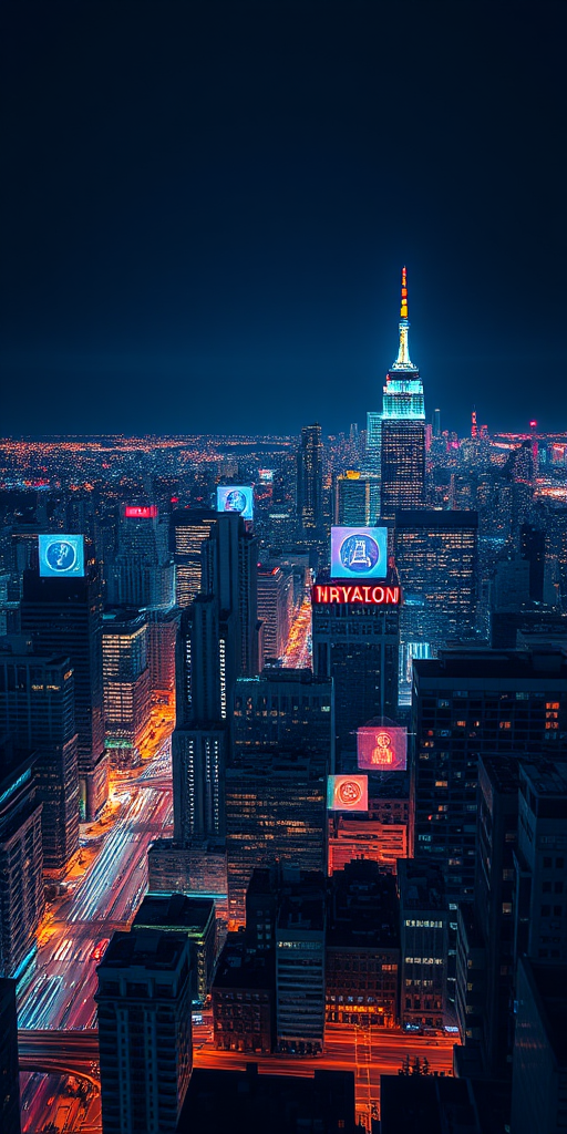 vibrant city skyline at night with abstract data visualizations overlay, high dynamic range, ISO 100, f/8 aperture, 20mm lens, long exposure, shot from an elevated viewpoint using a DSLR camera