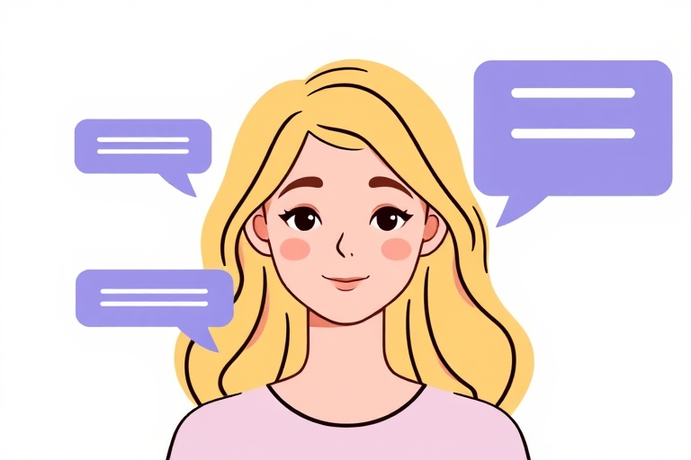 Create a digital illustration of a simplified female character with blonde hair in a video call interface, featuring chat bubbles, using a 50mm lens, f/4 aperture, ISO 200, shot from a frontal view with a clean, minimalistic background in soft pastel colors.