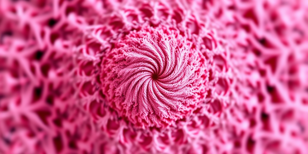 Create a high-resolution image of intricate pink fractal patterns, using a DSLR camera with a 50mm lens, aperture set to f/8, ISO 100, and a soft focus background effect to enhance depth and detail, capturing a symmetrical view of the fractal design.