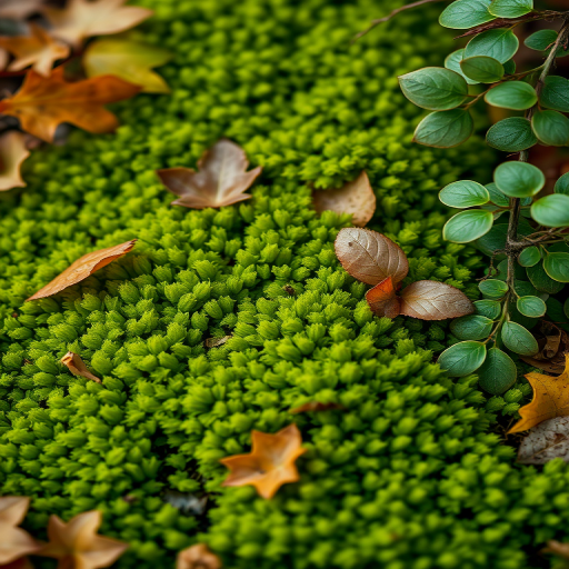 macro shot of vibrant green moss surrounded by autumn leaves and ivy, soft focus background, natural light, f/2.8, 1/200s, ISO 100, 50mm lens, DSLR camera, overhead perspective
