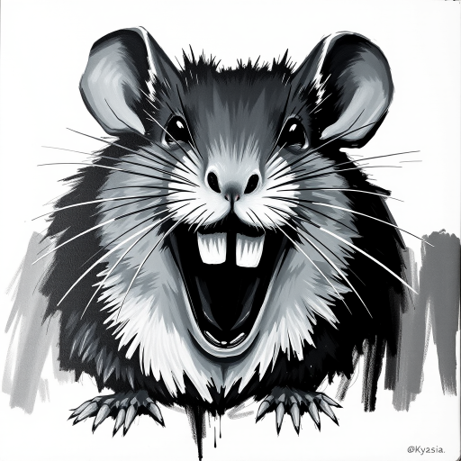 Abstract black and white acrylic portrait of an over exaggerated laughing (mouse). Minimalism style. White background.
