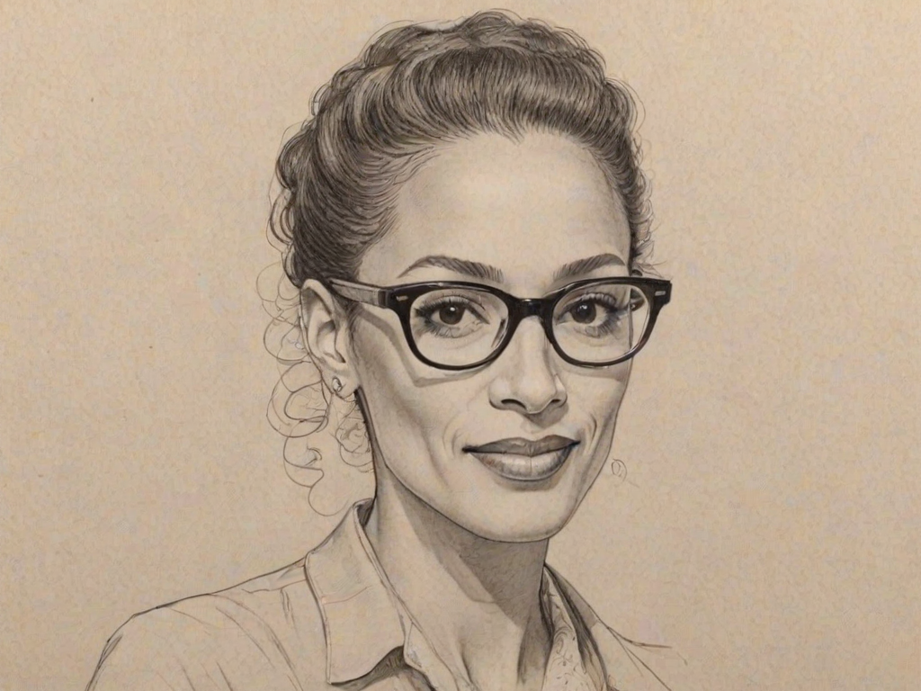 Delightful Carla Hall, pencil sketch, portrait of Exquisite woman 1957s in glasses, hair style beatnik, outline, clear lines, fine lines, 8k