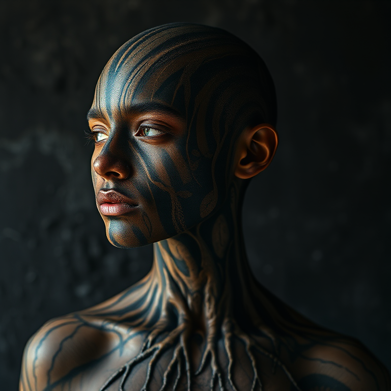 Create a hyper-realistic portrait of a person with intricate body paint resembling tree bark and roots, set against a dark, textured background that mimics natural elements, captured with a Canon EOS R5, 50mm lens, f/1.8 aperture, ISO 200, under diffused natural lighting.