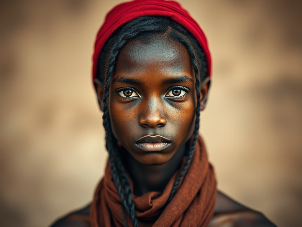 Create a portrait of a young Melanesian male with long, dark hair and captivating hazel eyes. She is wearing a red headscarf and a matching scarf draped gracefully around her neck. The background is softly blurred, focusing attention on her serene and natural expression. The overall color palette is muted and warm, enhancing the intimate and authentic feel of the portrait.