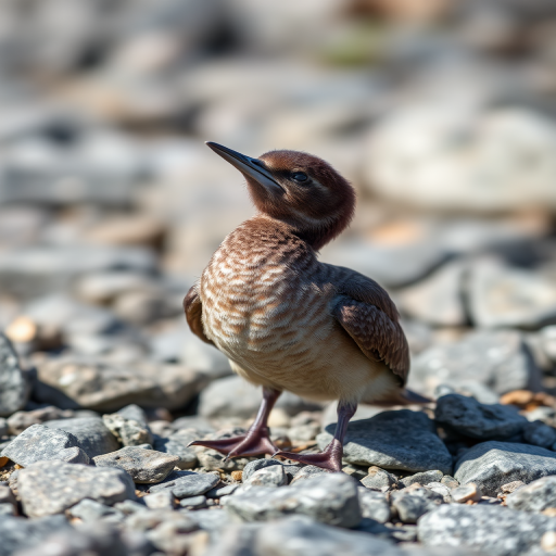 Juvenile seabird on rocky terrain, captured with a Canon EOS 5D Mark IV, 24-70mm lens at f/4, ISO 400, shutter speed 1/250 sec, slight upward angle, natural lighting, high detail, sharp focus.