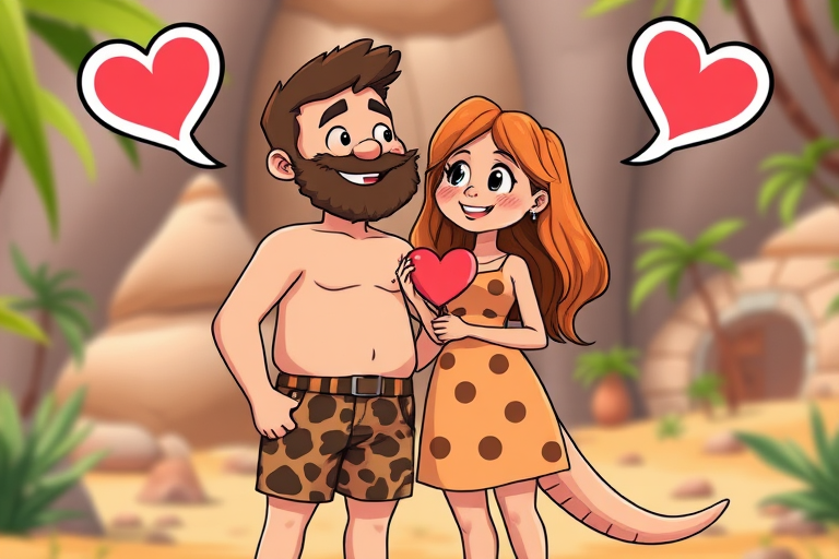 Create a vibrant animated cartoon scene with a split view of a prehistoric couple, featuring the man in leopard print shorts and the woman in a classic stone-age dress, expressing love with heart-shaped speech bubbles in a lighthearted manner, captured with a DSLR camera at f/2.8 aperture, ISO 100, 50mm lens, in a vivid color style and well-lit background to enhance image quality.