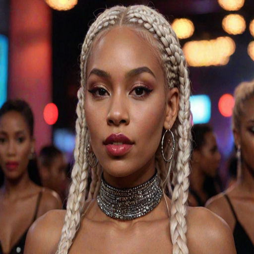 High res waist up portrait photo of a woman with her hair in platinum blonde box-braids with glittery eye-shadow and clear glossy lip-gloss. She is looking at the viewer with her mouth closed. She is wearing a thin string-like black choker and hoop earrings. In the background is a nightclub scene out of focus