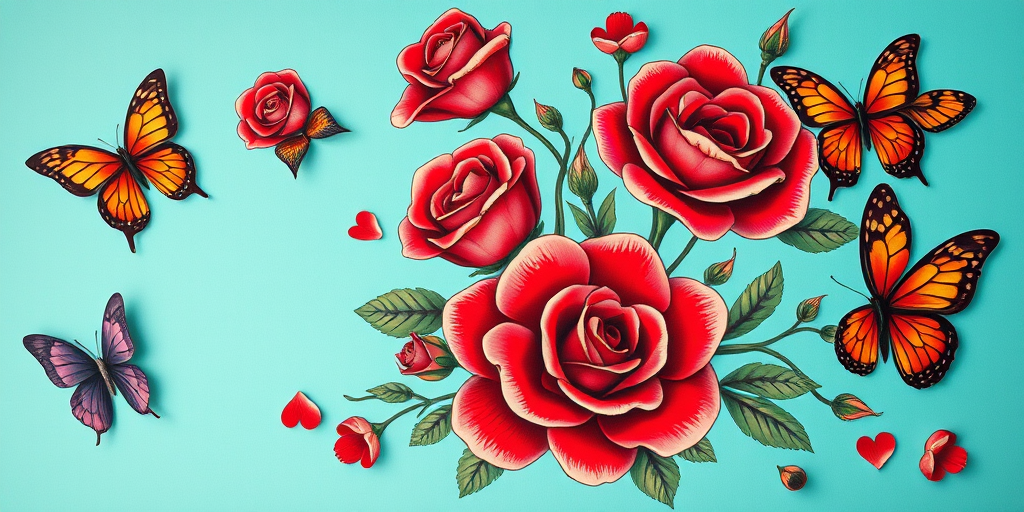Create a vibrant tattoo design featuring red roses and colorful butterflies on a teal background with a blank banner for text, captured with a DSLR camera at f/2.8, ISO 100, 50mm lens, top-down view, using soft natural lighting for enhanced detail and vivid colors.