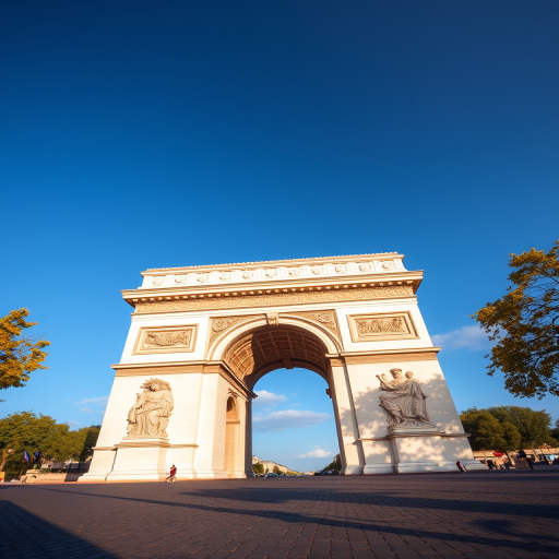 Capture a high-resolution image of the Arc de Triomphe from a low-angle view, using a DSLR camera with a 24mm lens, aperture set to f/8, ISO 100, and a shutter speed of 1/200 sec for enhanced clarity and detail.