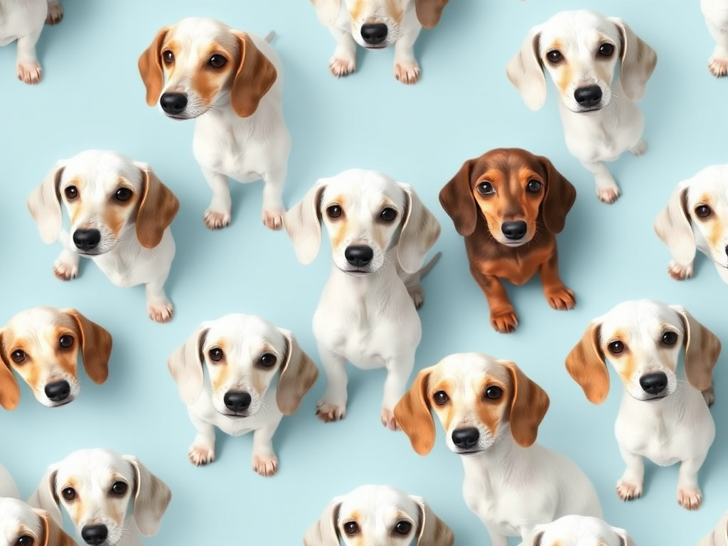Create a seamless pattern of white dachshunds on a light blue background, high-resolution, shot with a Canon EOS R5, 35mm lens, f/8 aperture, ISO 100, soft diffused lighting for even texture.