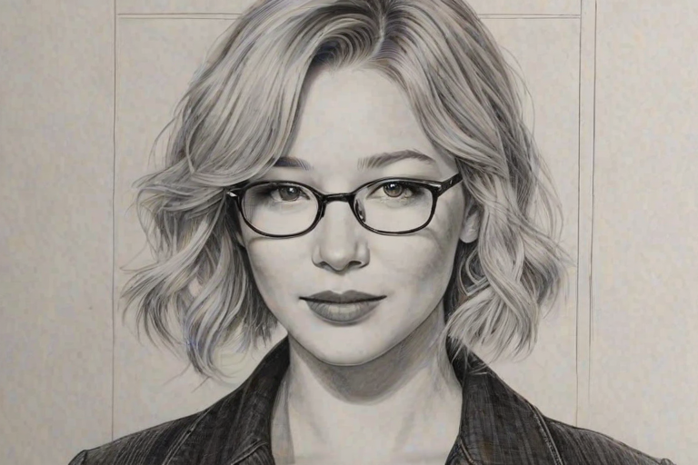 Splendid Haley Bennett, pencil sketch, portrait of Fetching woman 1931s in glasses, hair style beatnik, outline, clear lines, fine lines, 8k