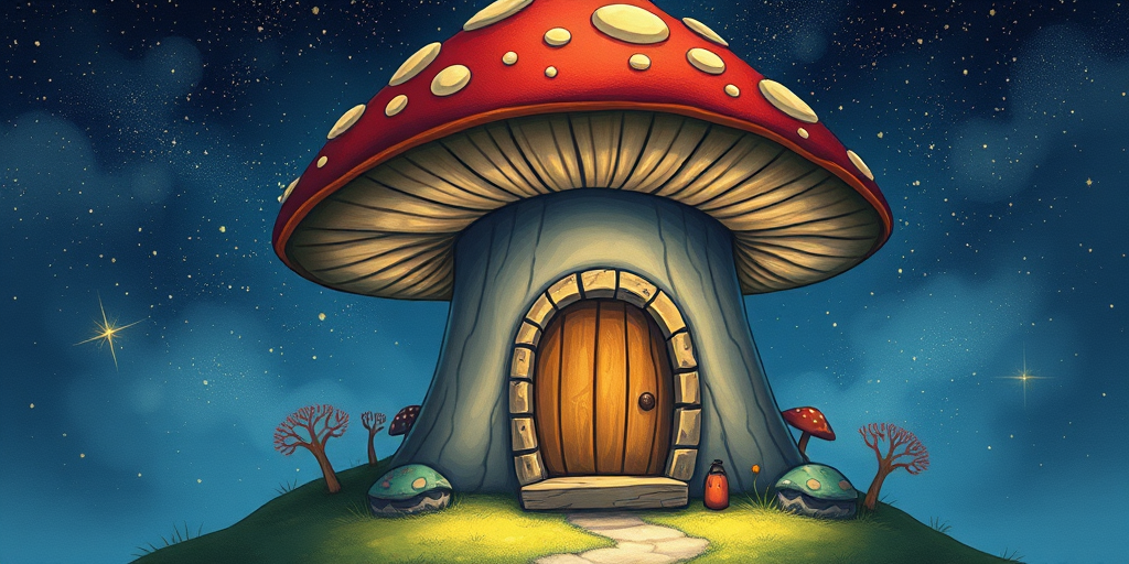 generate illustration of a mushroom house with a door and a window, a storybook , fantasy art, mushroom house, bg starry sky, sparkles