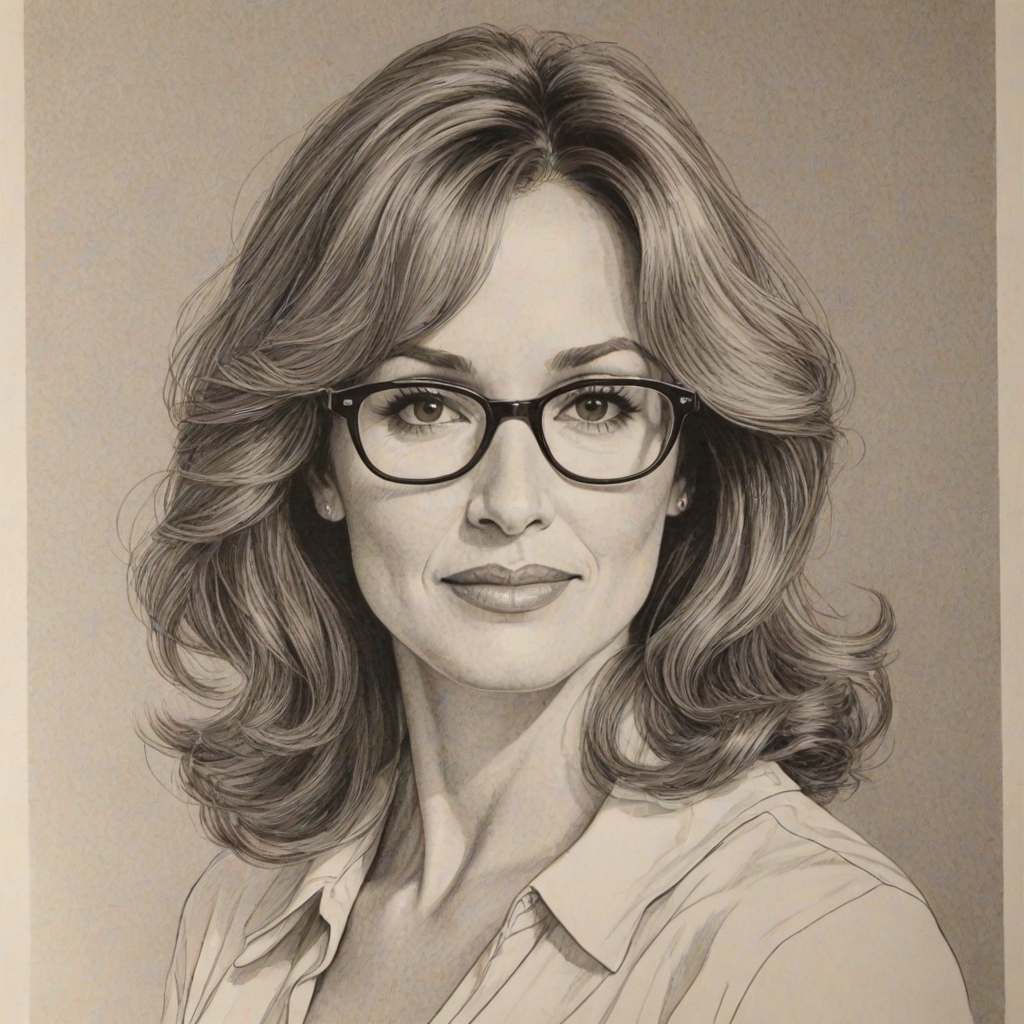 Appealing Lisa Ann Walter, pencil sketch, portrait of Radiant woman 1973s in glasses, hair style beatnik, outline, clear lines, fine lines, 8k