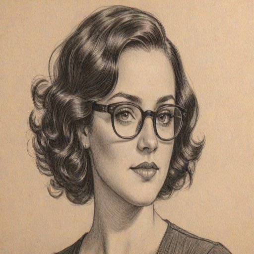 Captivating Ashley McBryde, pencil sketch, portrait of Enticing woman 1932s in glasses, hair style beatnik, outline, clear lines, fine lines, 8k