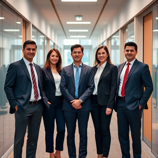 Generate a high-resolution professional group portrait of five individuals dressed in business attire standing confidently in a modern office corridor, using a Canon EOS R5 with a 50mm f/1.2 lens, shot at f/2.8, ISO 100, shutter speed 1/125s, natural soft lighting, and a shallow depth of field for a blurred background.