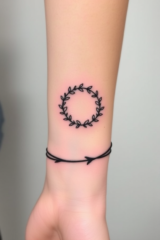 Minimalist continuous line tattoo wrapping around the wrist, forming a delicate floral wreath with a single unbroken black line