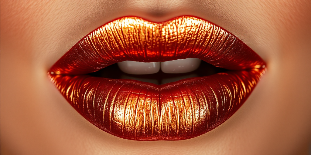 Metallic copper lips with a foiled effect, catching the light and creating a multi-dimensional appearance that's both edgy and glamorous