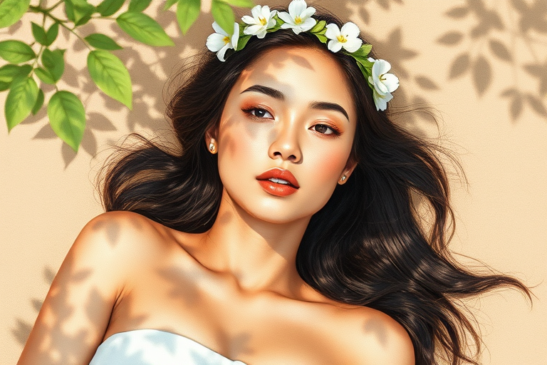 create a watercolor painting of an ethereal portrait of beautiful Maori woman with a simple white flower crown on her head. Her hair is long and she is lying on the ground. The sunlight on the trees casts shadows from the leaves on her face and body. The background is a neutral brown color that matches her skin tone. The image is minimalist and solid colors. This style is characterized by soft, delicate brushstrokes and a light, airy, contrasting color palette. High level of detail and play of light