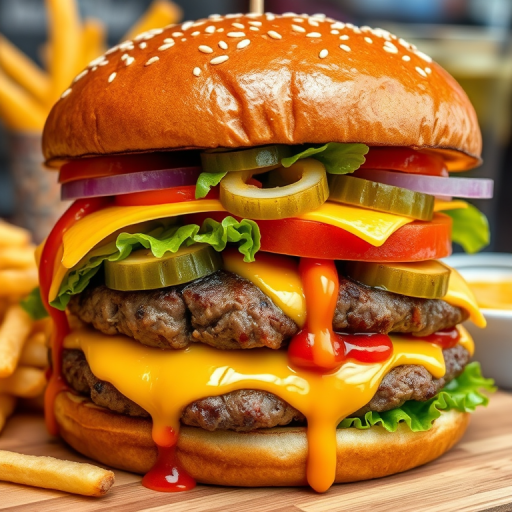 High-resolution, close-up image of a gourmet double cheeseburger. The burger features a glossy, sesame-seed-topped brioche bun. Inside, there are two thick, juicy beef patties, each topped with melted cheddar cheese. The burger is garnished with fresh lettuce, tomato slices, diced onions, and pickles. A generous amount of ketchup and a creamy, orange-colored sauce is dripping down the sides, adding to the mouth-watering appeal. In the background, there are blurred elements including a side of golden French fries and a hint of a beverage, enhancing the overall presentation of a delicious meal.