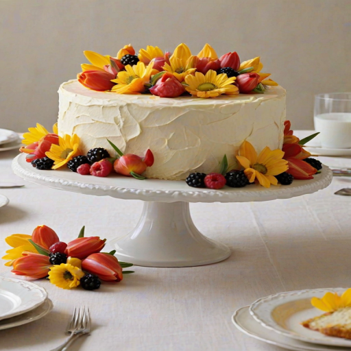 Create an elegant cake decorated with vibrant flowers and fruits. The cake should have a smooth frosting and feature a variety of colorful blooms, including tulips and daisies, along with slices of dried fruit and fresh blackberries. Place the cake on a simple white cake stand, with a soft, light-colored tablecloth underneath for a delicate presentation.