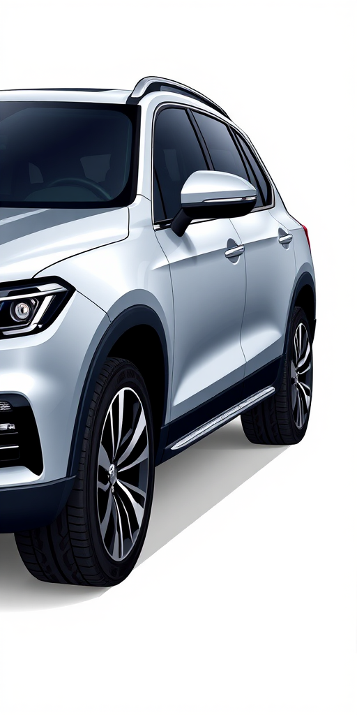 Generate a high-resolution side view illustration of a silver SUV, using a digital illustration style, with a focus on sharp lines and clean gradients, set at 300 DPI, shot from a 45-degree angle with soft lighting for depth.