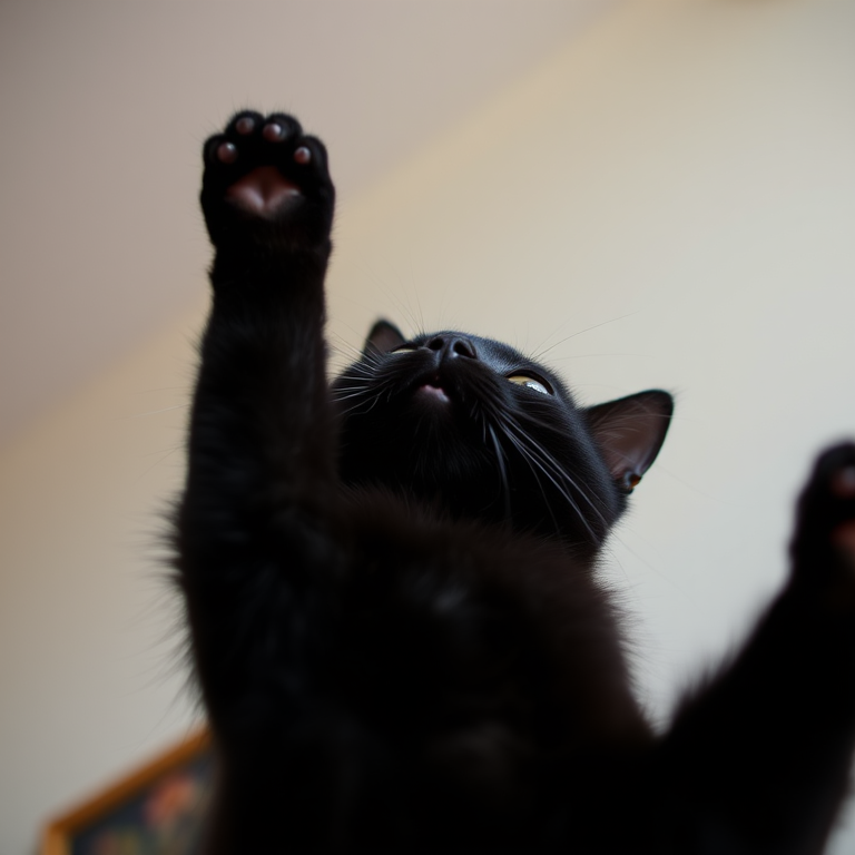 Capture a low-angle shot of a black cat reaching upward with its paws, using a DSLR camera with a 50mm lens, aperture f/2.8, ISO 100, and soft natural lighting for enhanced image quality.