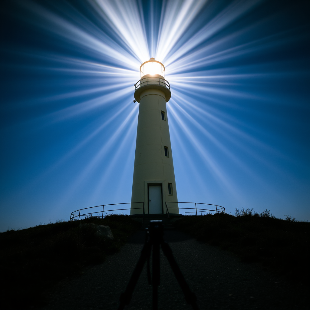 Capture a high-resolution image of a lighthouse illuminated at night with beams of light radiating outward, using a Canon EOS 5D Mark IV, 24mm lens, aperture f/8, ISO 100, shutter speed 15 seconds, tripod mounted from a low angle for a dramatic perspective.