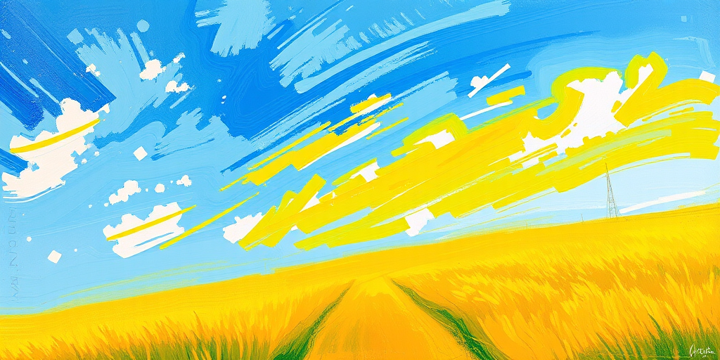create a vibrant landscape painting with a bright blue sky and a golden yellow field, using an impressionist style, shot with a DSLR camera at f/8 aperture, ISO 100, and a focal length of 35mm for enhanced detail and color saturation.