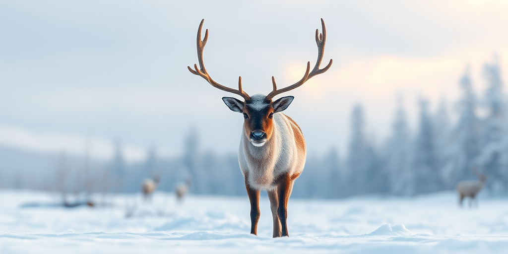Create a high-resolution watercolor painting of a reindeer standing in a snowy landscape, using a Canon EOS 5D Mark IV with a 50mm lens at f/2.8, ISO 100, and a shallow depth of field to enhance image quality and focus on the reindeer.