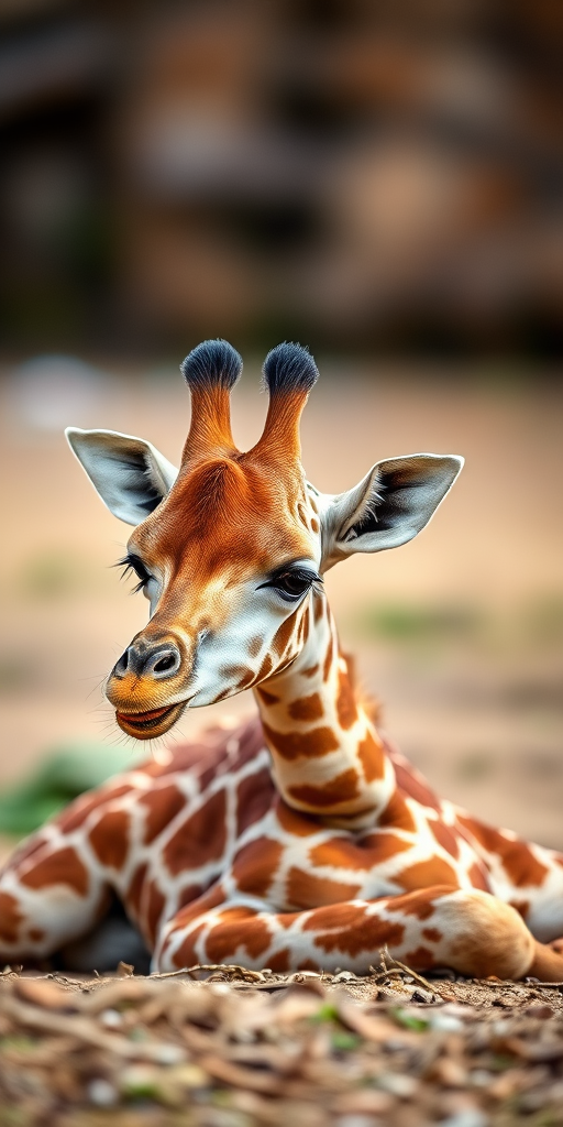 Create an image of a baby giraffe lying down in a natural setting, using a DSLR camera at f/2.8, ISO 100, 50mm lens, with a shallow depth of field for a soft background blur and vibrant colors.