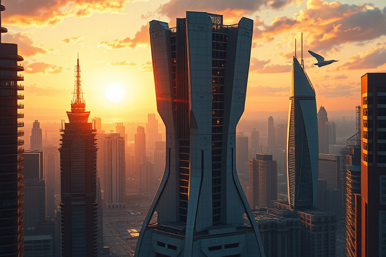 art by Peter Doig, H.N. Werkman, Anime, landscape of a The Starship Command Center, a sleek and modern spacecraft, stands tall in the middle of a bustling city. Its intricate design is illuminated by the soft glow of the setting sun, film camera, atmospheric perspective, aidmasoftglow