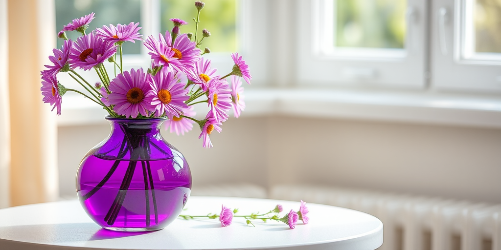 A vibrant purple vase filled with purple daisies and white flowers on a round white table by a bright window, taken with a DSLR camera at f/2.8, 50mm lens, 1/125s shutter speed, natural light for enhanced color and clarity.