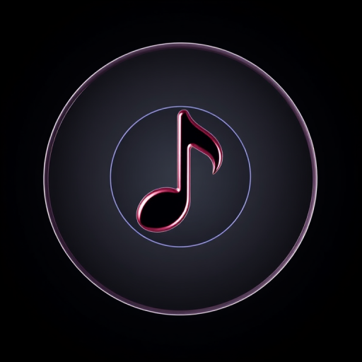 Create a high-resolution digital image of a glossy musical note icon within a circular frame, using a Canon EOS 5D Mark IV camera, f/2.8 aperture, 1/125 second shutter speed, ISO 100, in a studio setting with softbox lighting to enhance reflections and depth.