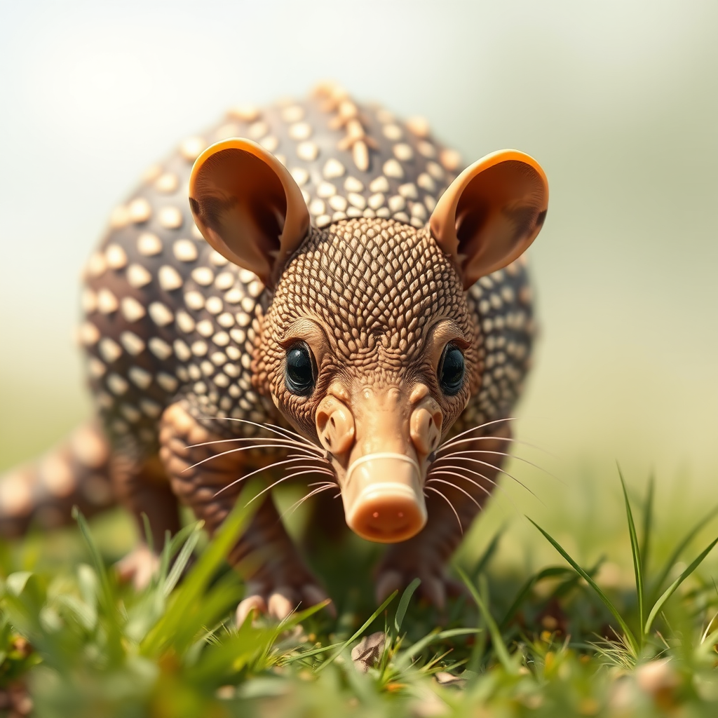 Create a high-resolution illustration of a stylized armadillo, using a Canon EOS R5 with a 50mm f/1.8 lens, shooting from a 45-degree angle in natural light to enhance textures and colors with a soft focus background.