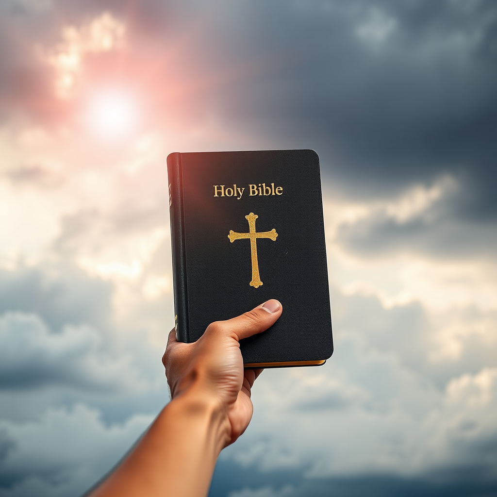 Create an image of a hand holding a black Holy Bible with a gold cross on the cover, set against a dramatic sky filled with clouds and a soft radiant light in the background, using a Canon EOS R5 camera, 50mm lens, f/1.8 aperture, ISO 100, and a soft focus style to enhance image quality.