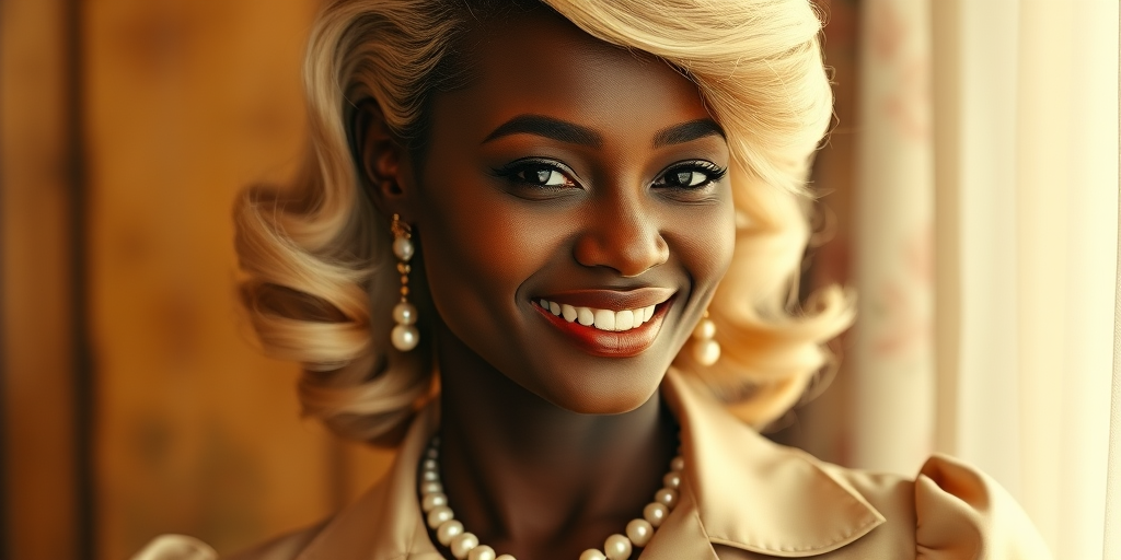 A beautiful Xhosa woman reminiscent of 1950s Hollywood glamour, with perfectly styled blonde hair and a seductive smile, dressed in a satin blouse and adorned with pearls, soft and warm tones, photorealistic, 8K
