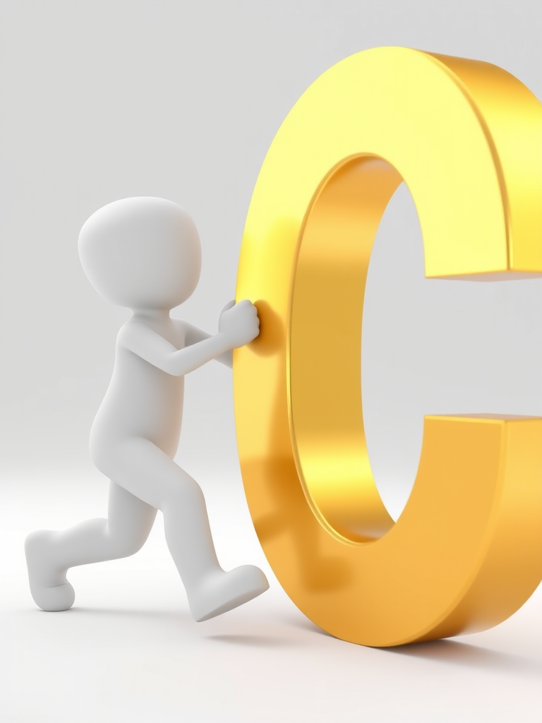 Generate a high-resolution 3D rendering of a stylized white figure pushing a large golden letter C, with a softbox lighting setup, close-up shot, shallow depth of field, DSLR camera, f/2.8 aperture, ISO 100, 50mm lens.